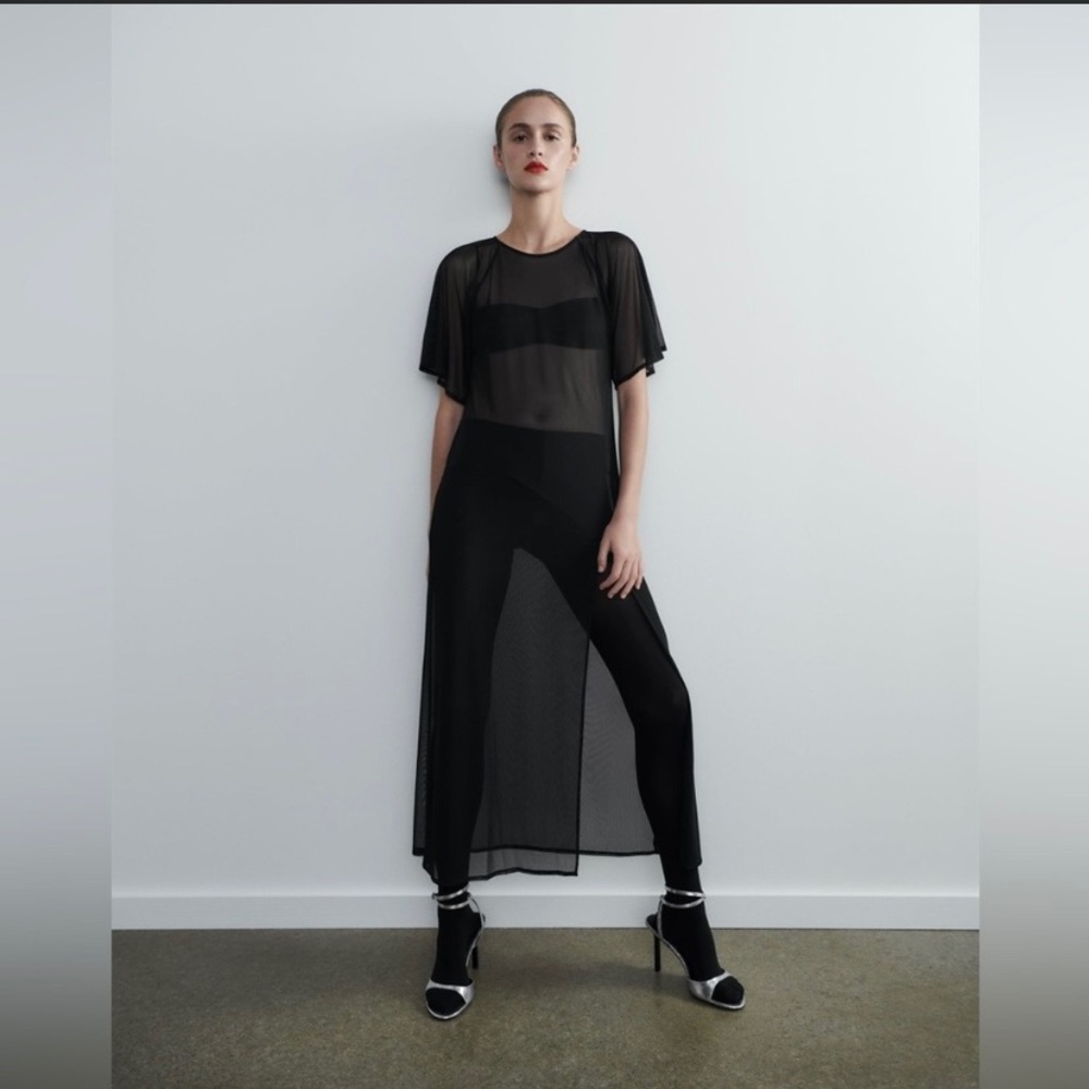 Zara Cape Sleeve Tulle Dress Semi-Sheer Midi Length Black S